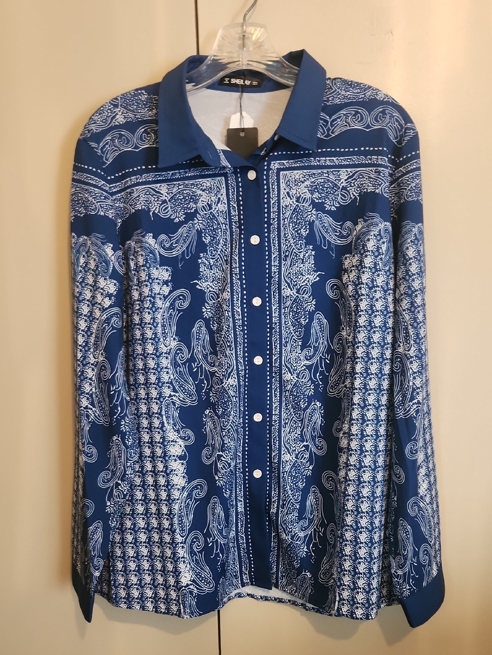 F44 Sheilay Blue & White Paisley print Button-Up Blouse - Western cowgirl NWT